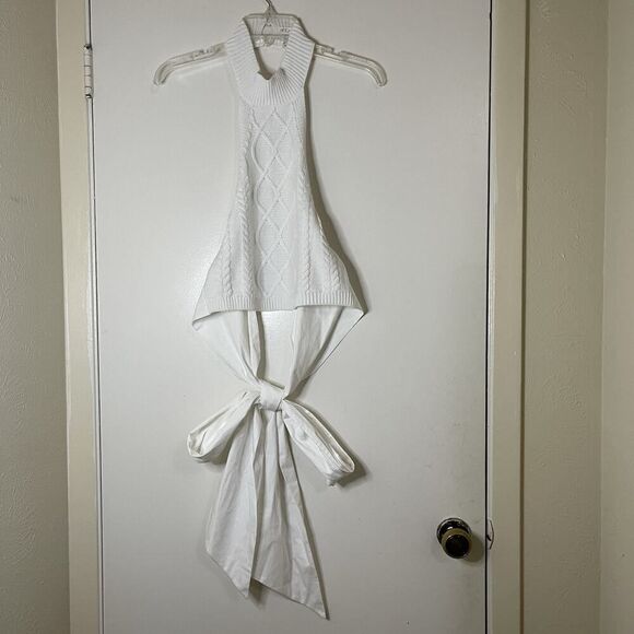 VENUS white halter crochet knit tie back sash top size medium - Picture 1 of 8